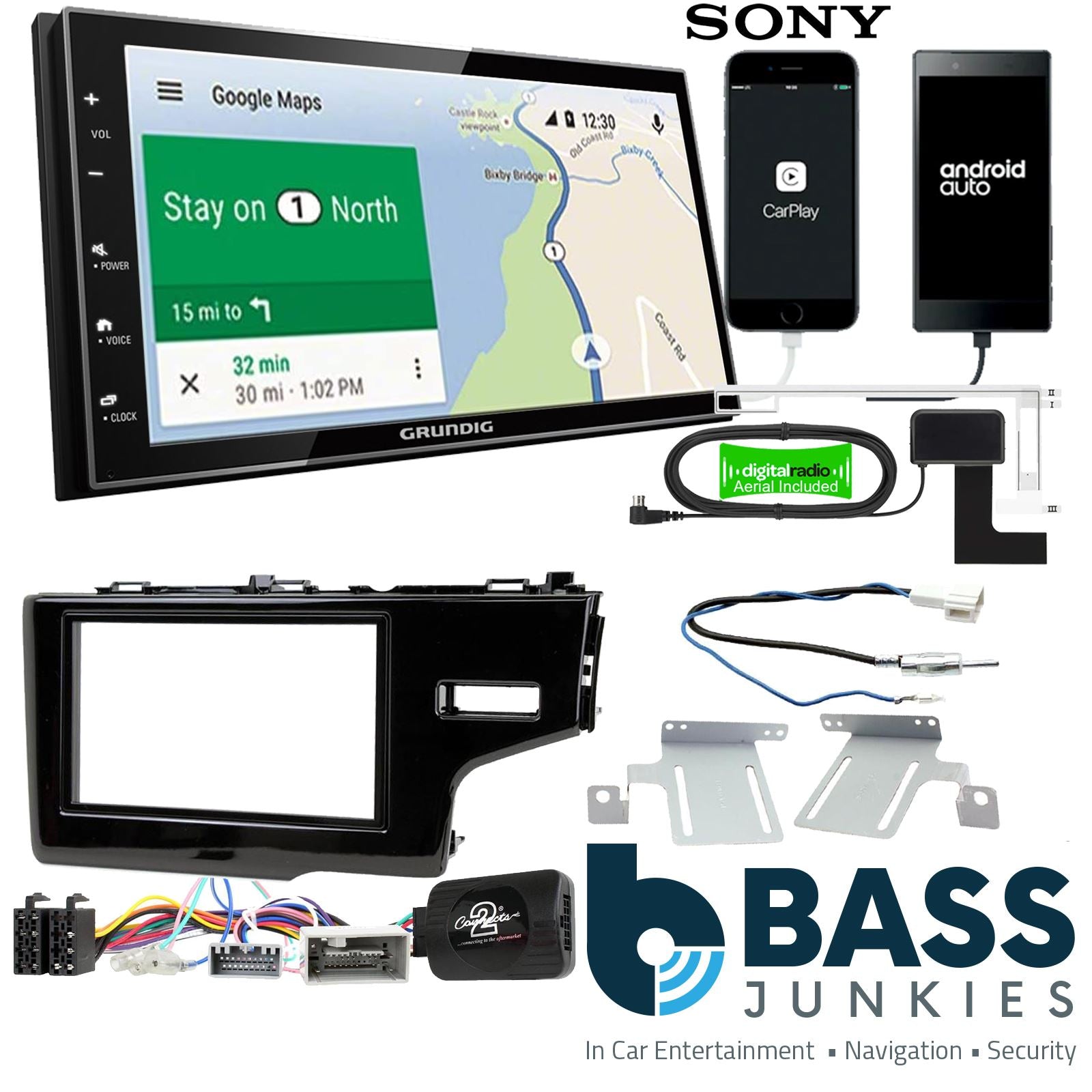 Grundig 6.8" Apple Android Double Din Stereo Fitting Kit + Steering Wheel Stalk Controls to fit Honda Fit 2014- | Honda Jazz 2014-