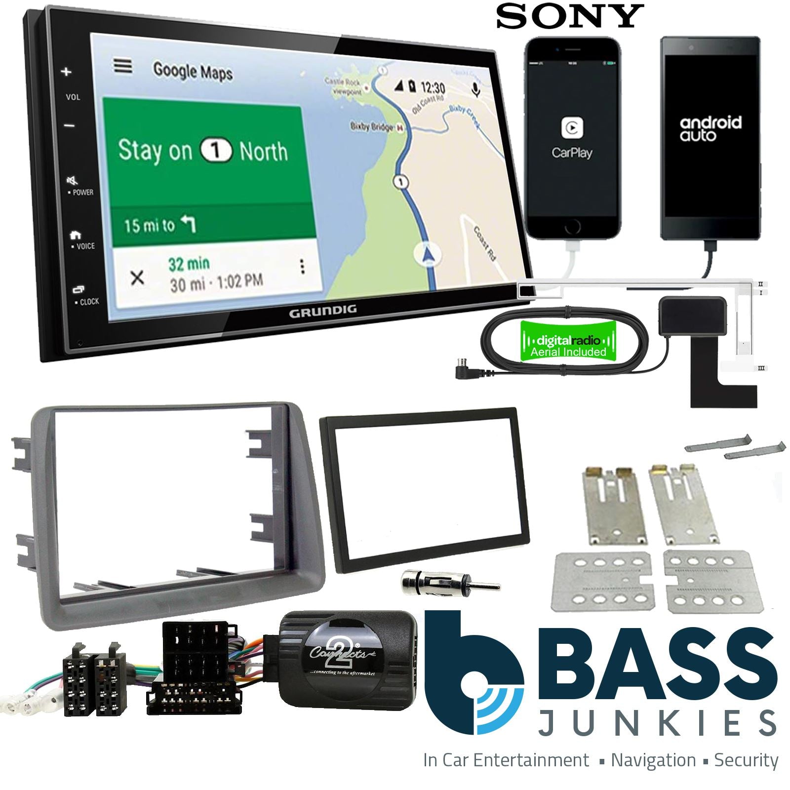 Grundig 6.8" Apple Android Double Din Stereo Fitting Kit + Steering Wheel Stalk Controls to fit Fiat Panda 2003-12