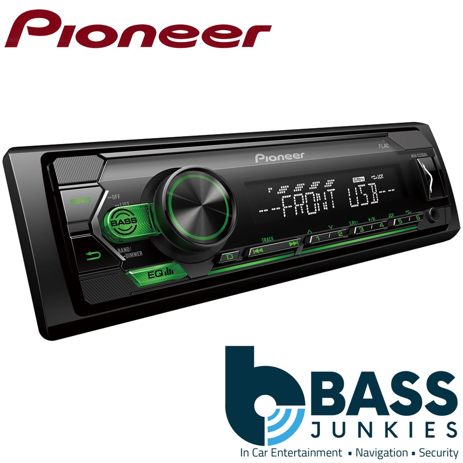 Pioneer MVH-S120UBG Car Stereo Mechless Radio | Radio | Compatable with Android | Front USB | Auxillary input | RCA Preout | 4 x 50 Watts  | 5 band EQ | SWRC | Green Illumination with white display