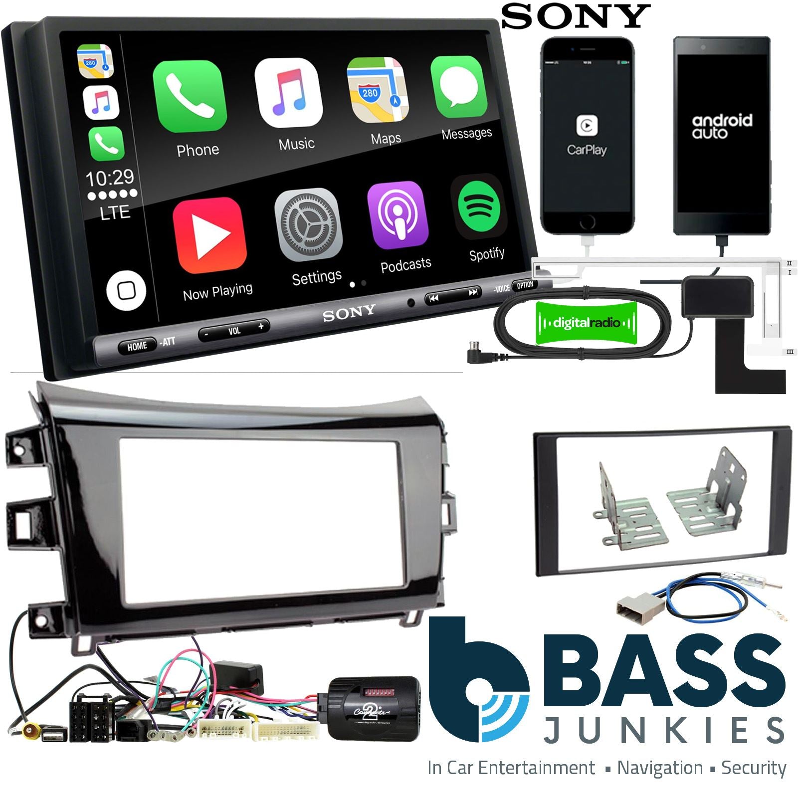 SONY DAB+ Apple | Android Double Din Stereo Fitting Kit + Steering Wheel Stalk Controls to fit Nissan Navara 2015-