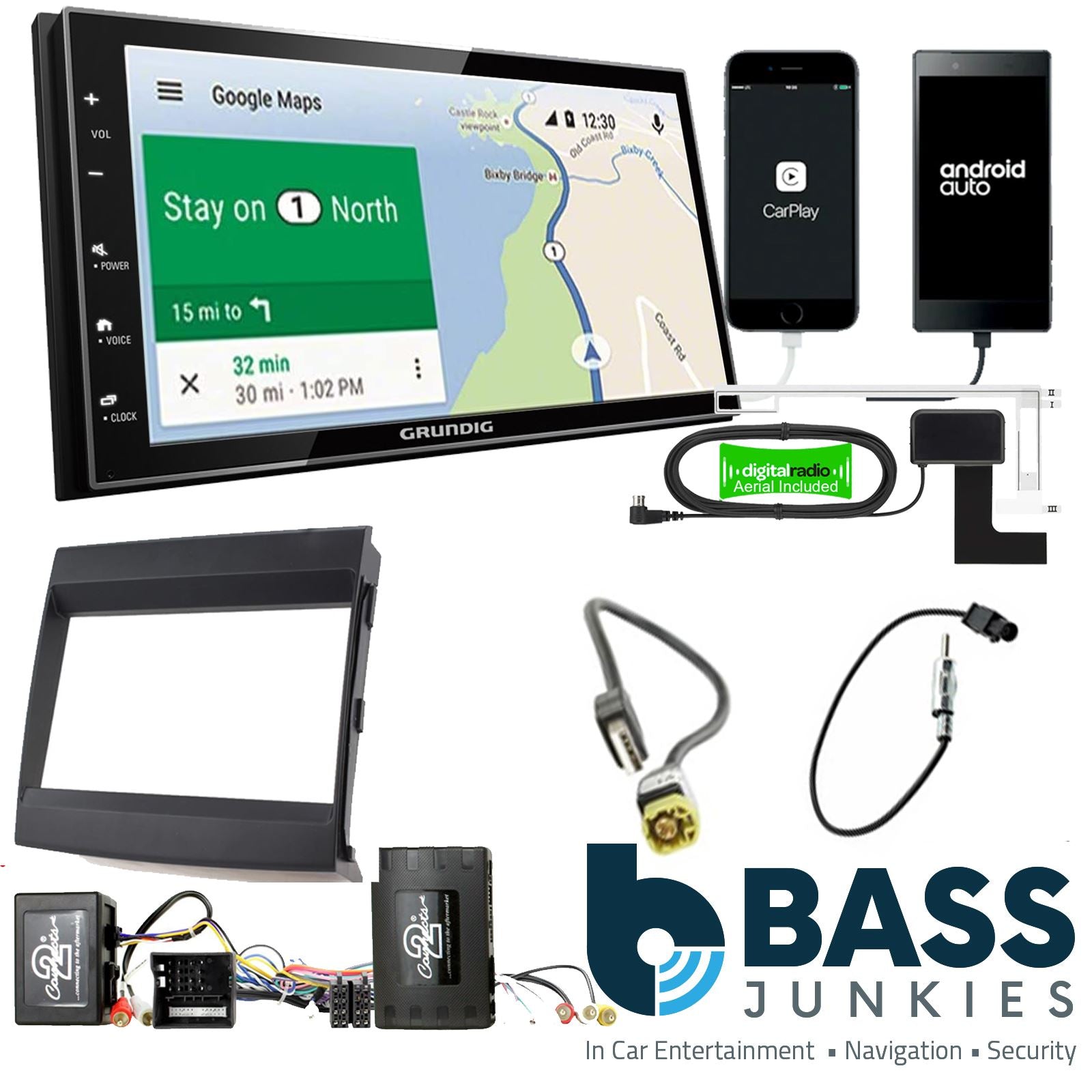 Grundig 6.8" Apple Android Double Din Stereo Fitting Kit + Steering Wheel Stalk Controls to fit Porsche Panamera 2009-16