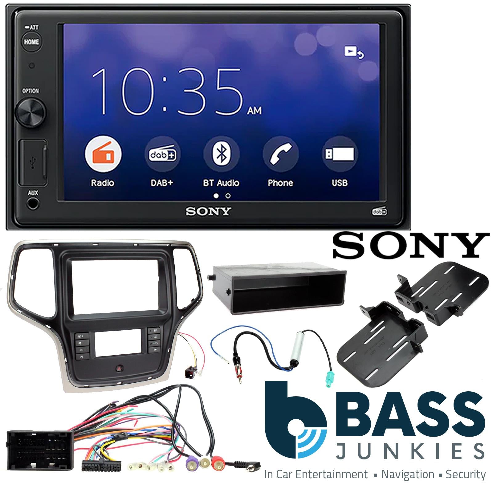 SONY 6.2" Screen Blutooth Double Din Stereo Fitting Kit + Steering Wheel Stalk Controls to fit Jeep Grand-Cherokee 14-21