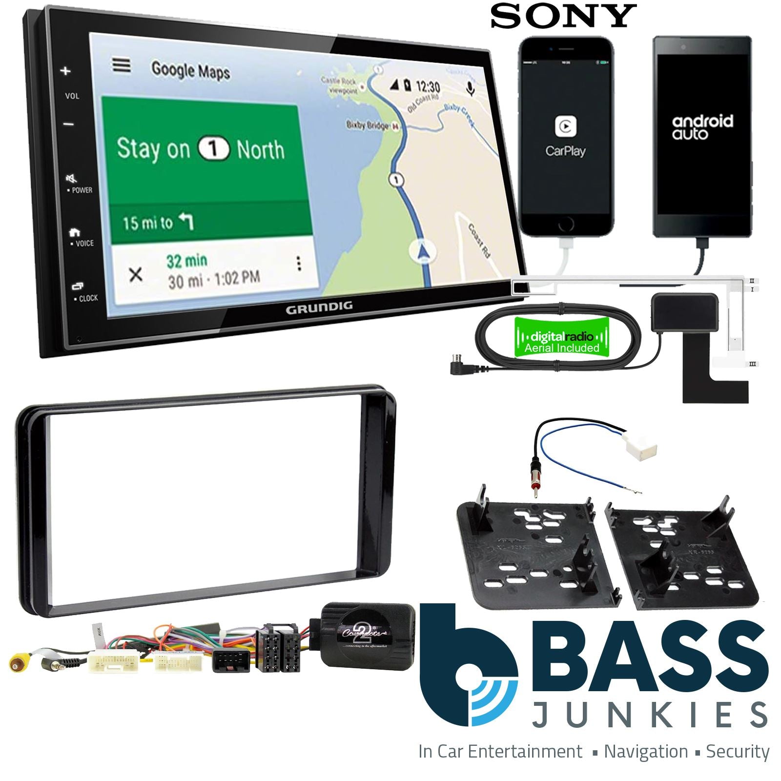 Grundig 6.8" Apple Android Double Din Stereo Fitting Kit + Steering Wheel Stalk Controls to fit Toyota C-HR 2017-