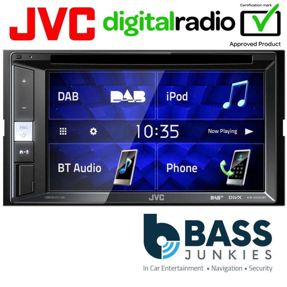 JVC KW-V255DBT - 6.2" DAB DVD Bluetooth CD MP3 Front USB Touchscreen, App Link, AM/FM Tuner, iPod iPhone Android Control Car Stereo