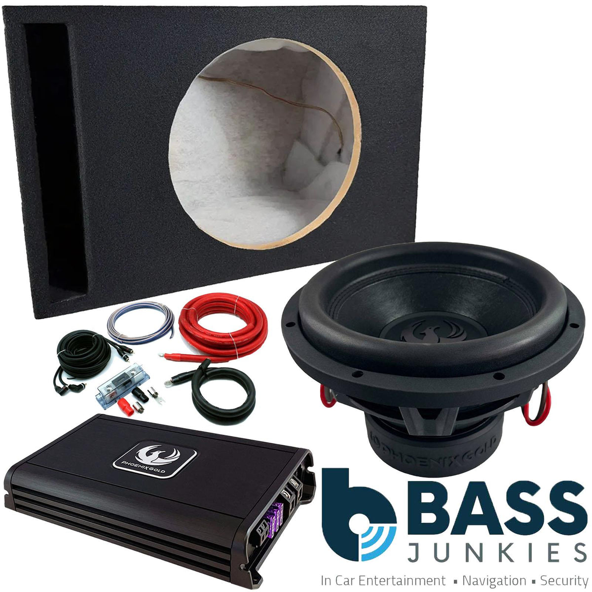 Phoenix Gold 12" 4500 Watts Subwoofer With Amp Sub Box and Wiring Kit Package