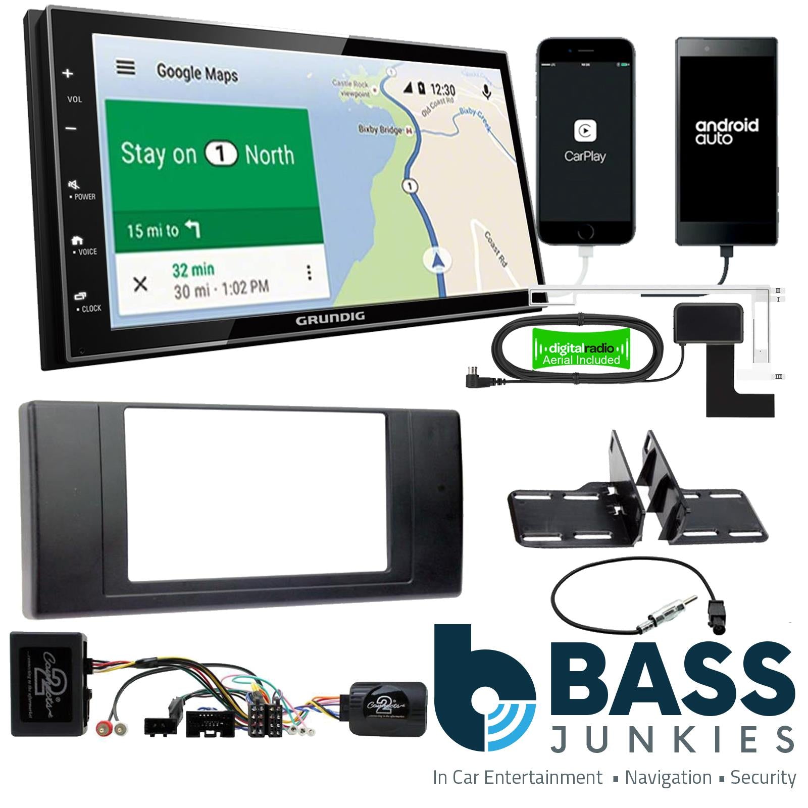 Grundig 6.8" Apple Android Double Din Stereo Fitting Kit + Steering Wheel Stalk Controls to fit Land Rover Range-Rover-Vogue 10-13