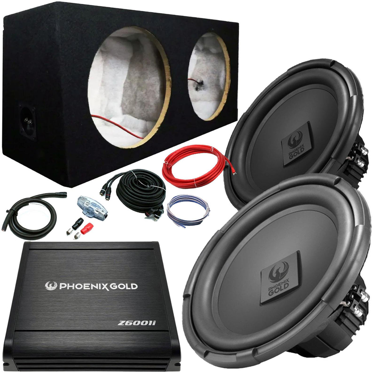 Phoenix Gold 12" 800W Subwoofer Pair 600W Amp 12" Dual Box & 4AWG Wiring Kit