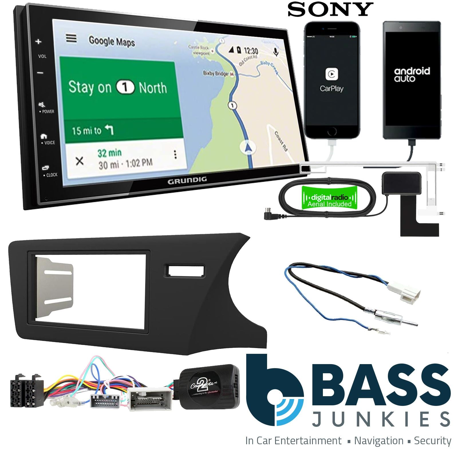 Grundig 6.8" Apple Android Double Din Stereo Fitting Kit + Steering Wheel Stalk Controls to fit Honda City 2014-