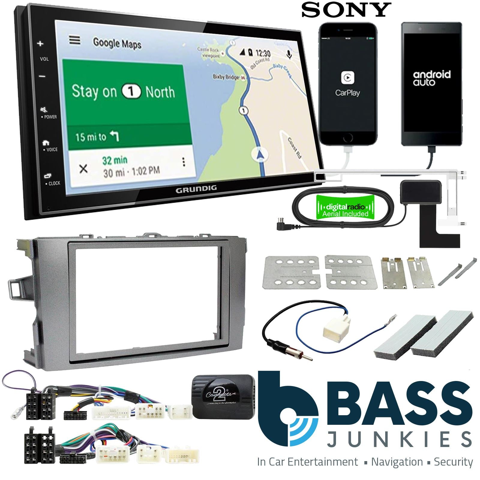 Grundig 6.8" Apple Android Double Din Stereo Fitting Kit + Steering Wheel Stalk Controls to fit Toyota Auris 2007-12