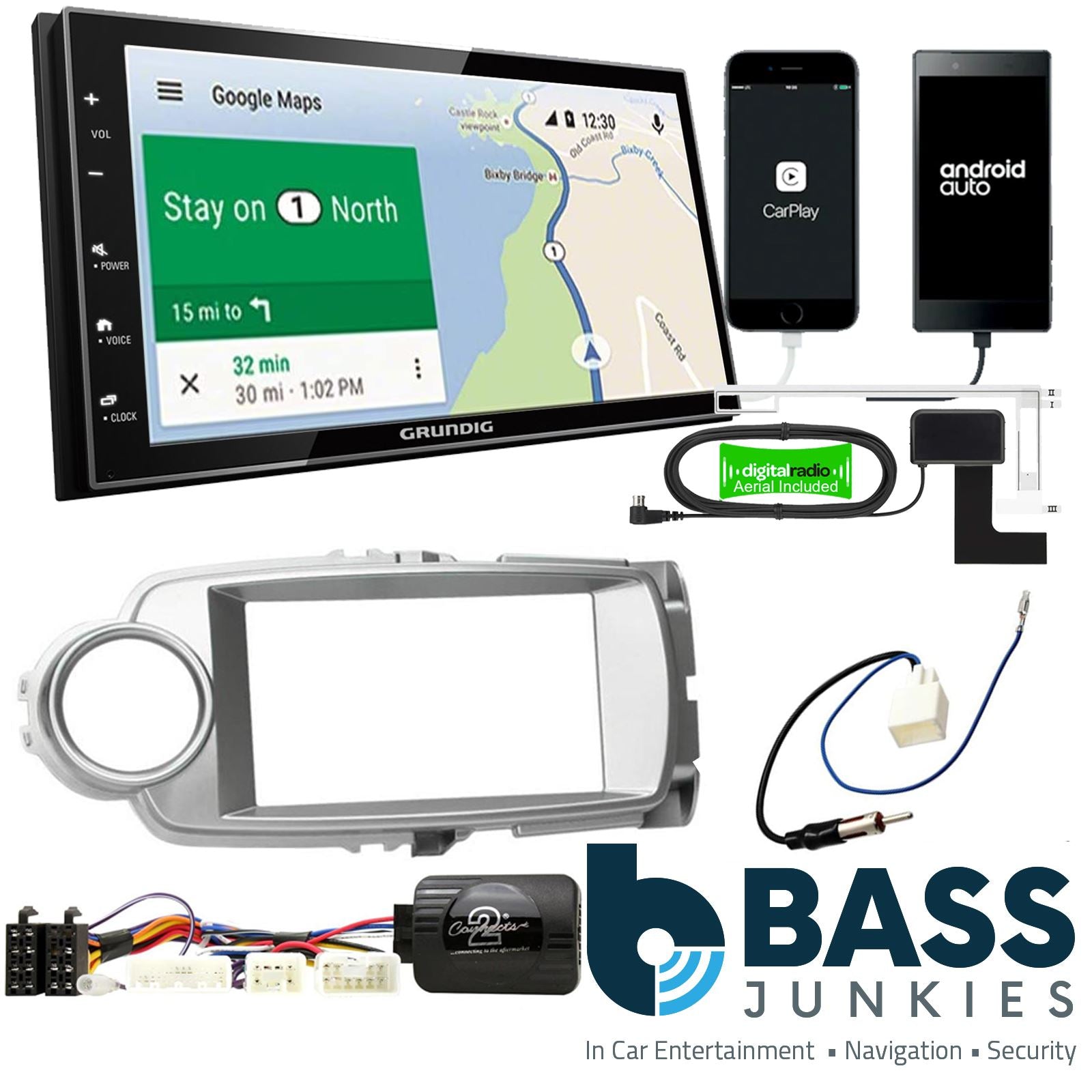 Grundig 6.8" Apple Android Double Din Stereo Fitting Kit + Steering Wheel Stalk Controls to fit Toyota Yaris 2011-17