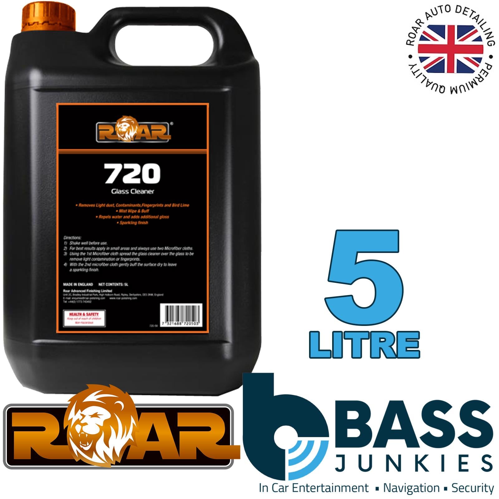 ROAR 720 Glass Cleaner 5litre Refill Cleans & Repels Water for Sparkling Finish (Removes Light dust, Contaminants, Fingerprints & Bird Lime / Repels water & adds additional gloss / Sparkling finish)