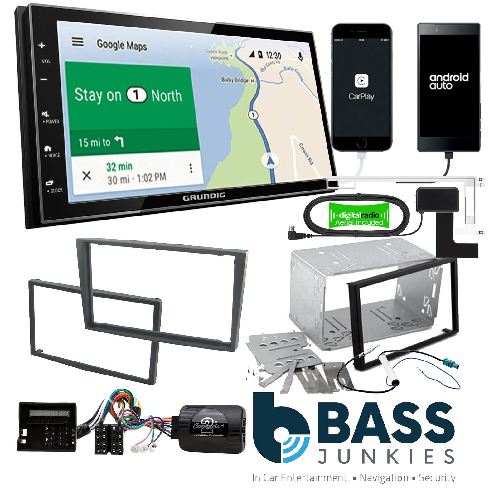 Grundig 6.8" Apple Android Double Din Stereo & Fitting Kit + Steering Wheel Stalk Controls to fit Vauxhall Corsa 2004-06 | Meriva 2005-10 | Signum 2005-08 | Tigra 2004-09 | Vectra 2004-08