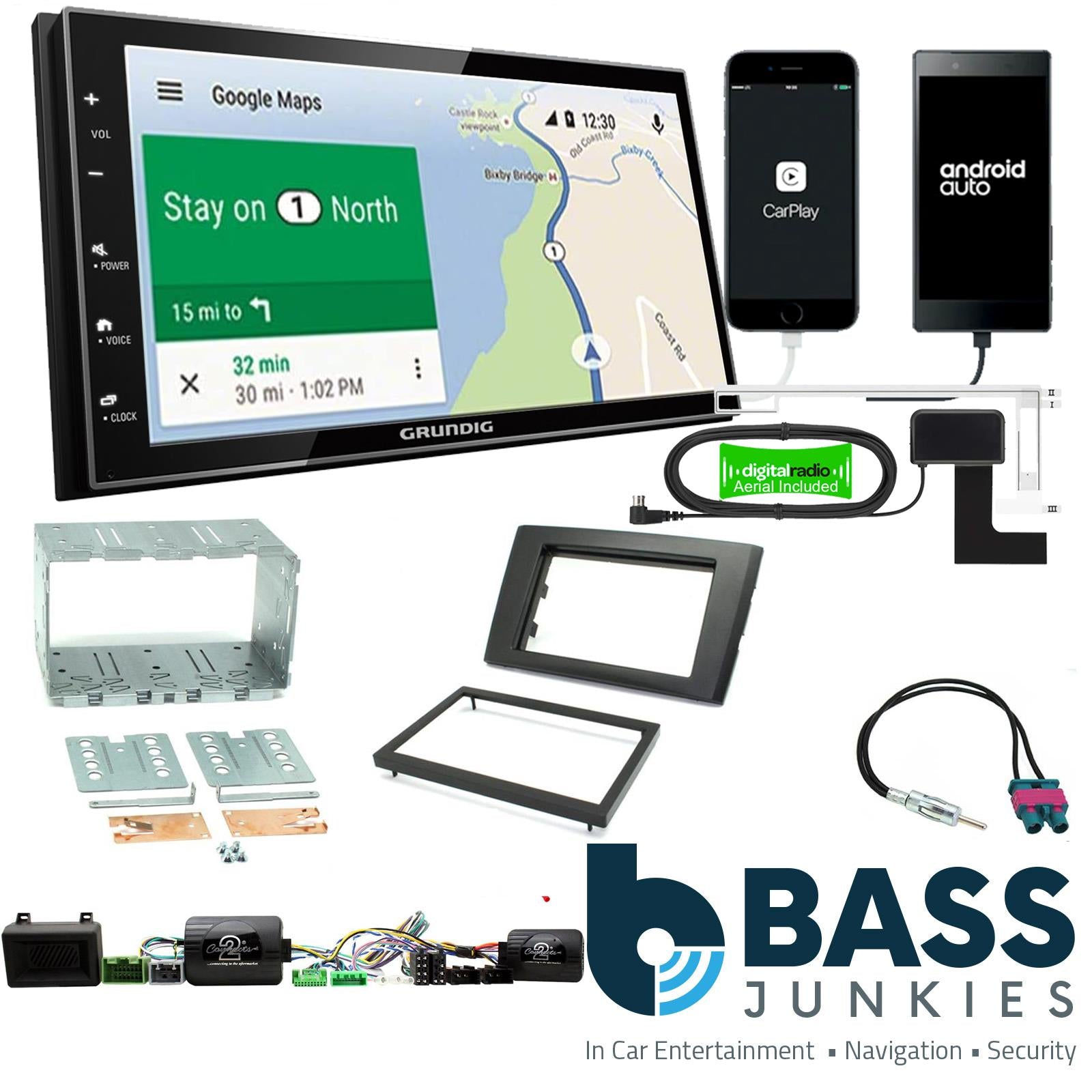 Grundig 6.8" Apple Android Double Din Stereo Fitting Kit + Steering Wheel Stalk Controls to fit Volvo XC90 2004-14