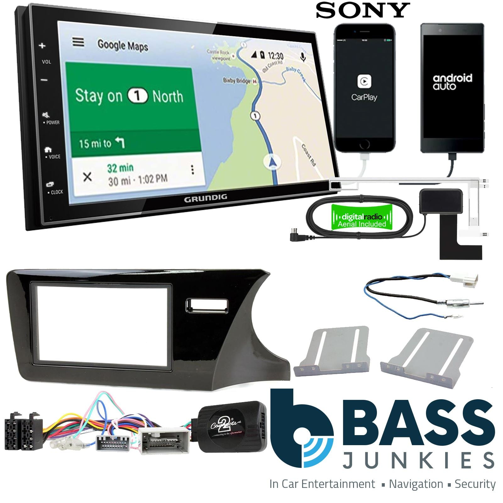 Grundig 6.8" Apple Android Double Din Stereo Fitting Kit + Steering Wheel Stalk Controls to fit Honda City 2014-