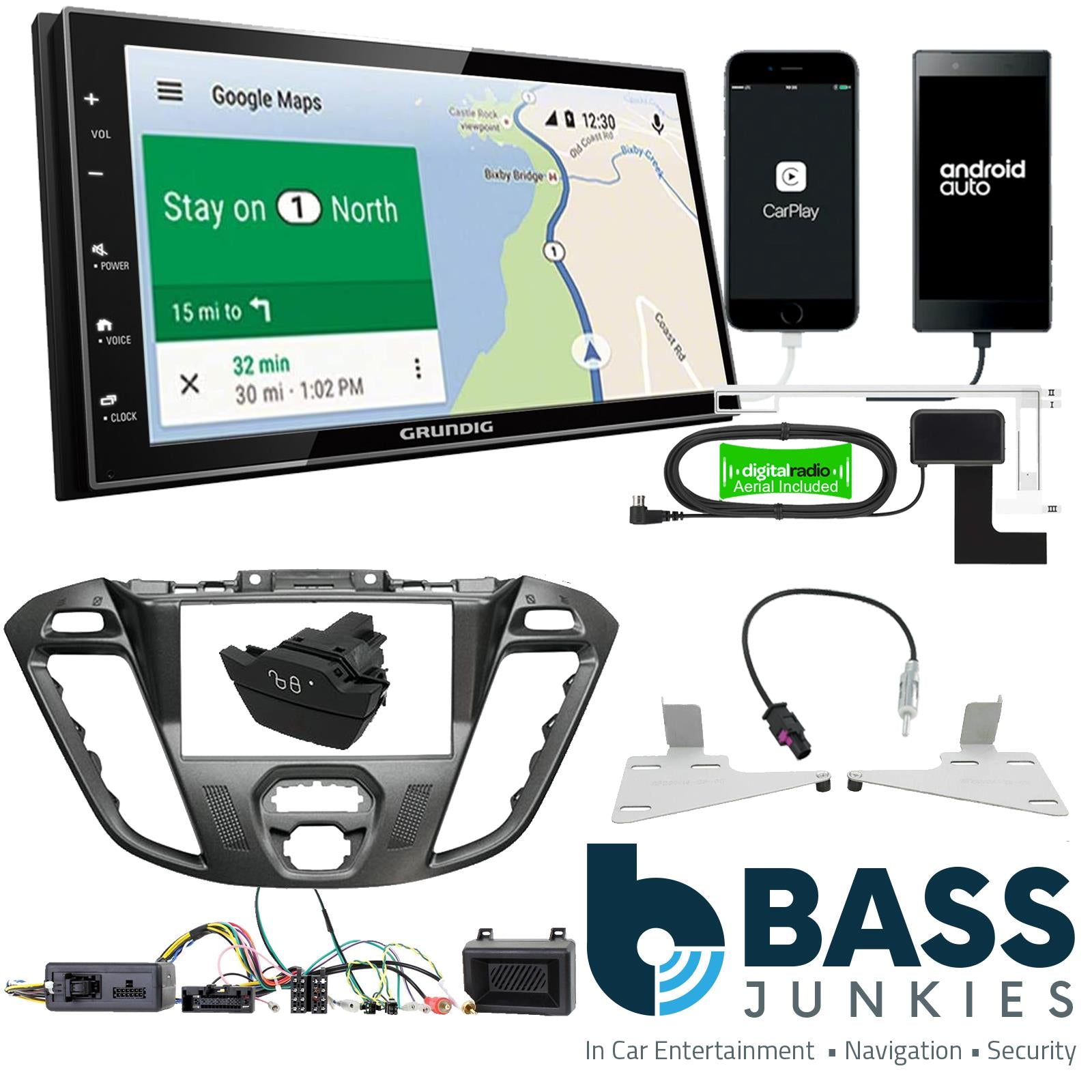 Grundig 6.8" Apple Android Double Din Stereo Fitting Kit + Steering Wheel Stalk Controls to fit Ford Transit-Custom 12-16