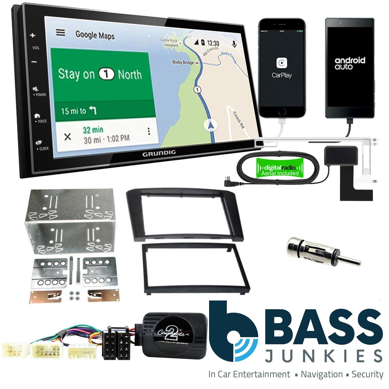 Grundig 6.8" Apple Android Double Din Stereo Fitting Kit + Steering Wheel Stalk Controls to fit Toyota Avensis 2003-09