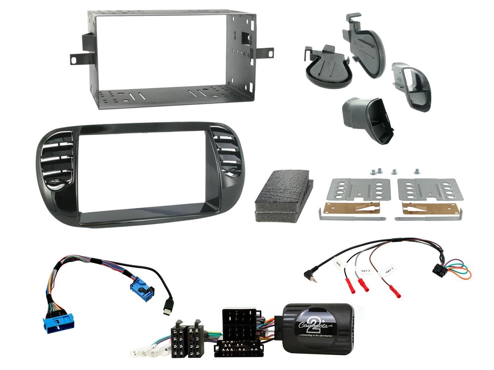 Connects 2 CTKFT02 - Fiat 500 2007 - 2015 Double Din Facia & Steering wheel Interface Fitting Installation Kit (Black Facia Panel)