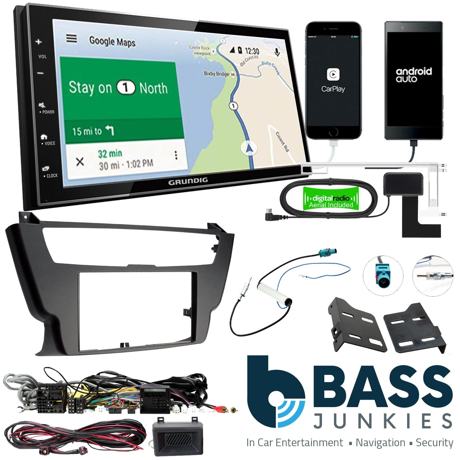 Grundig 6.8" Apple Android Double Din Stereo Fitting Kit + Steering Wheel Stalk Controls to fit BMW 3-Series 2012-16 | BMW 4-Series 2012-16