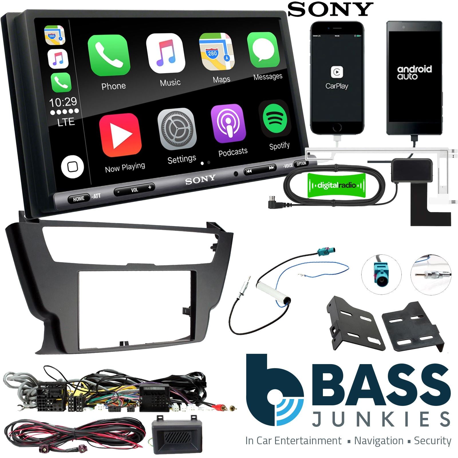 SONY DAB+ Apple | Android Double Din Stereo Fitting Kit + Steering Wheel Stalk Controls to fit BMW 3-Series 2012-20 | BMW 4-Series 2012-20