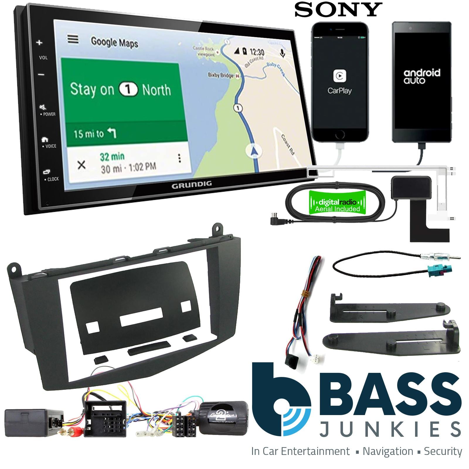 Grundig 6.8" Apple Android Double Din Stereo Fitting Kit + Steering Wheel Stalk Controls to fit Mercedes C-Class 2007-11