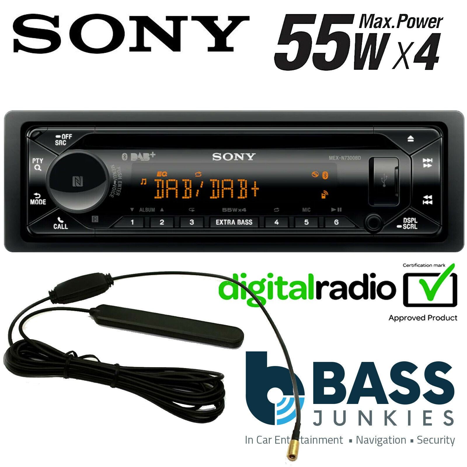 Sony MEX-N7300BD + DAB Aerial Multi Colour Display Car Stereo (DAB | Radio | CD | MP3 | Bluetooth | USB | Aux-In) Allows iPhone and iPod control through USB. Amplified 4x 55watts.