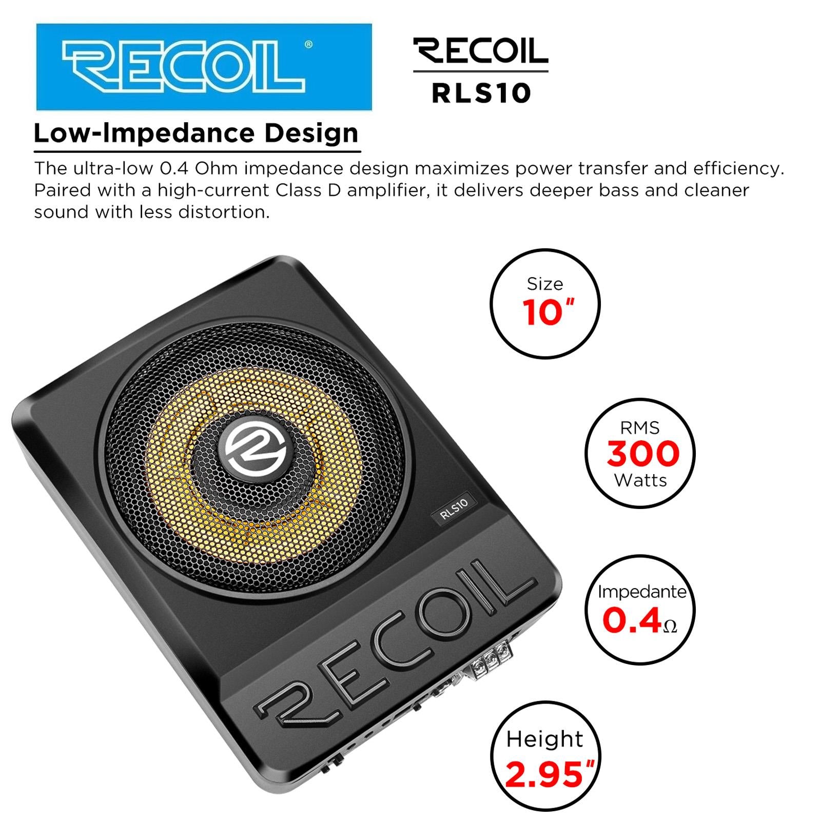 Recoil RLS10 - 500 Watts 10" Underseat Amplified Car Subwoofer & Bass Controller