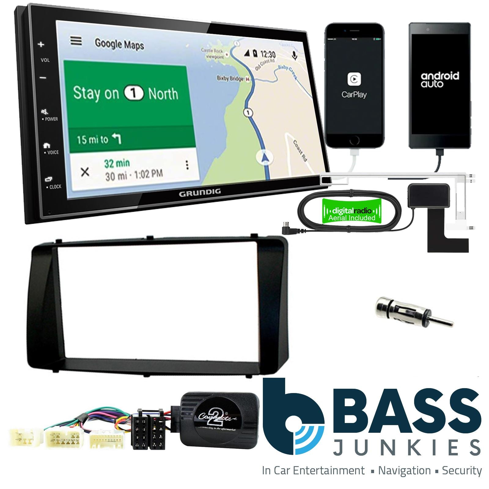 Grundig 6.8" Apple Android Double Din Stereo Fitting Kit + Steering Wheel Stalk Controls to fit Toyota Corolla 2003-08