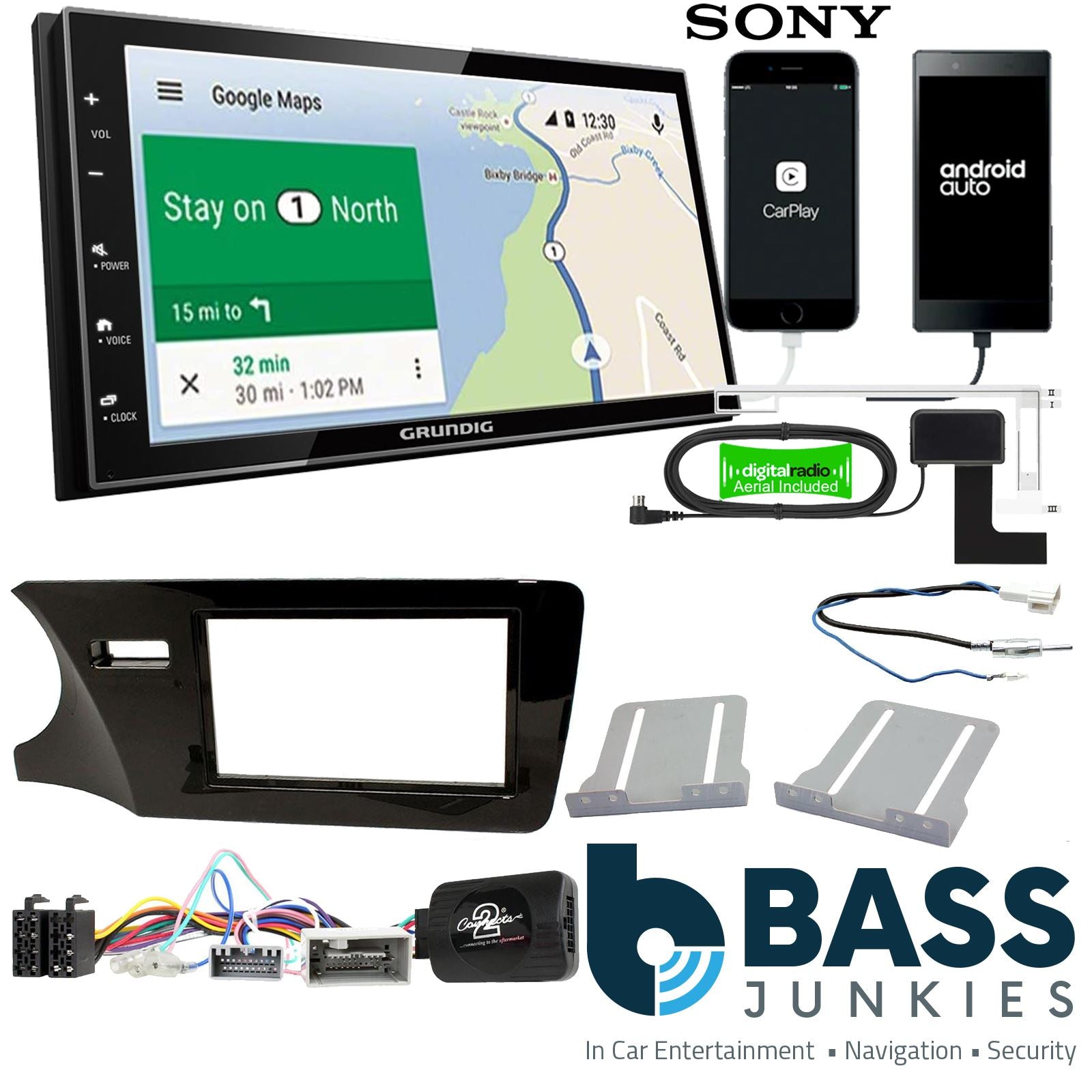 Grundig 6.8" Apple Android Double Din Stereo Fitting Kit + Steering Wheel Stalk Controls to fit Honda City 2014-