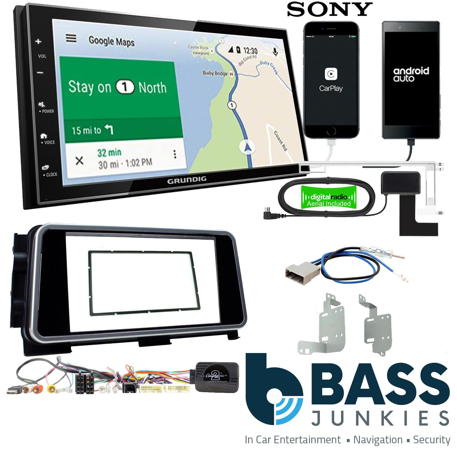 Grundig 6.8" Apple Android Double Din Stereo Fitting Kit + Steering Wheel Stalk Controls to fit Nissan Kicks 2017- | Nissan Micra 2017-