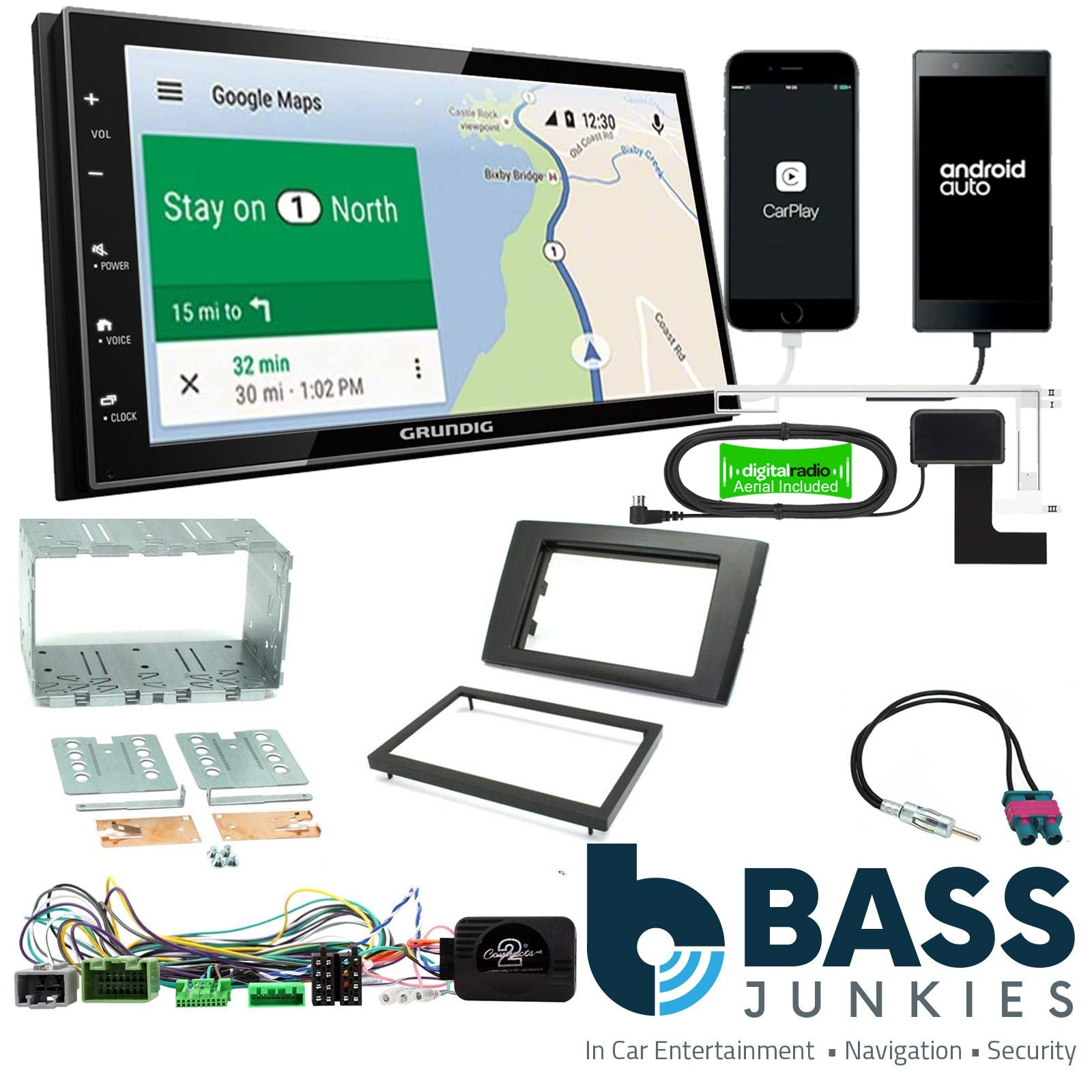 Grundig 6.8" Apple Android Double Din Stereo Fitting Kit + Steering Wheel Stalk Controls to fit Volvo XC90 2006-14