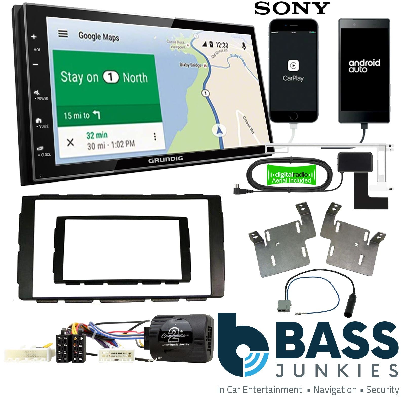 Grundig 6.8" Apple Android Double Din Stereo Fitting Kit + Steering Wheel Stalk Controls to fit Nissan Note 2012-17