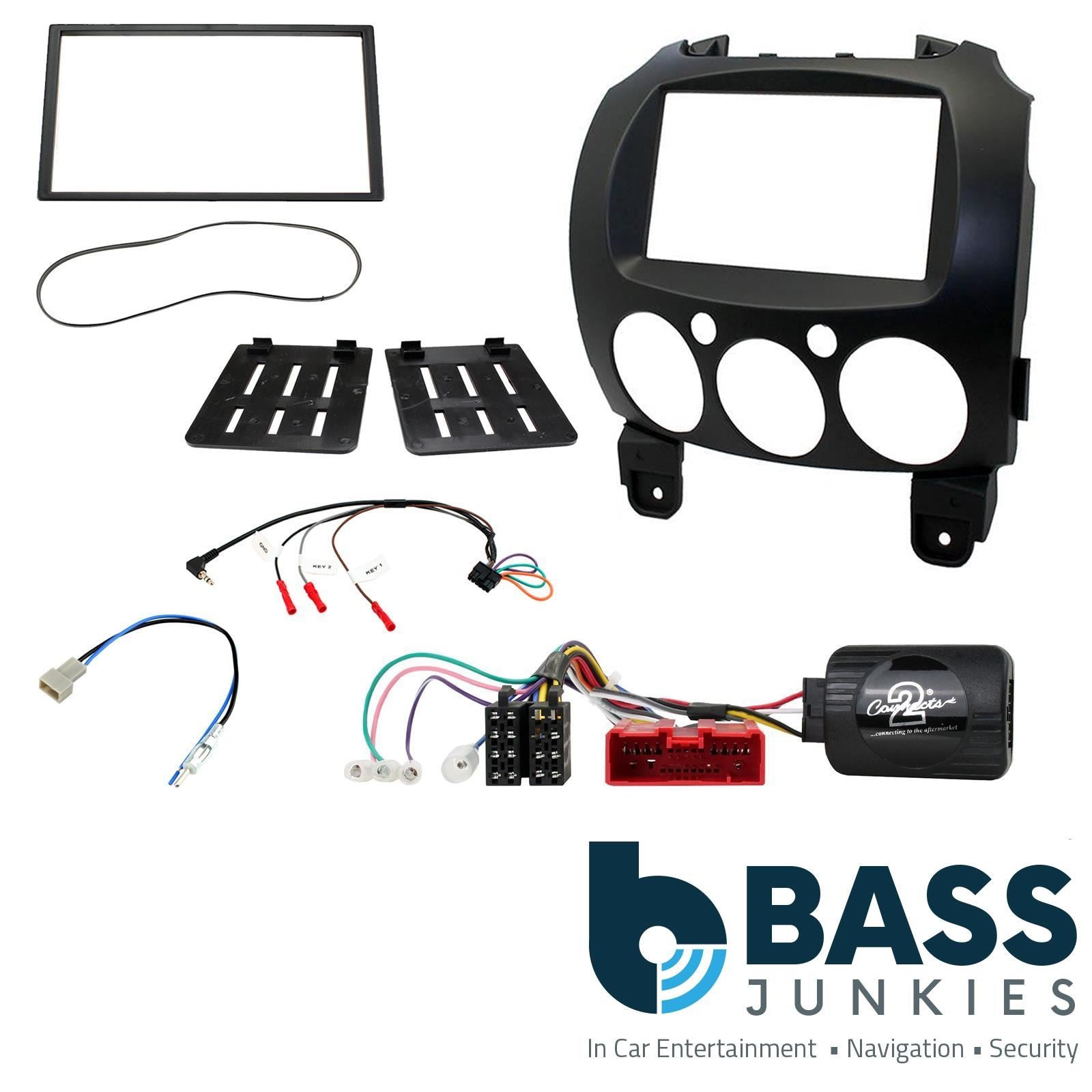 Double Din Stereo Fitting Kit + Steering Wheel Stalk Controls to fit Mazda 2 2008-14