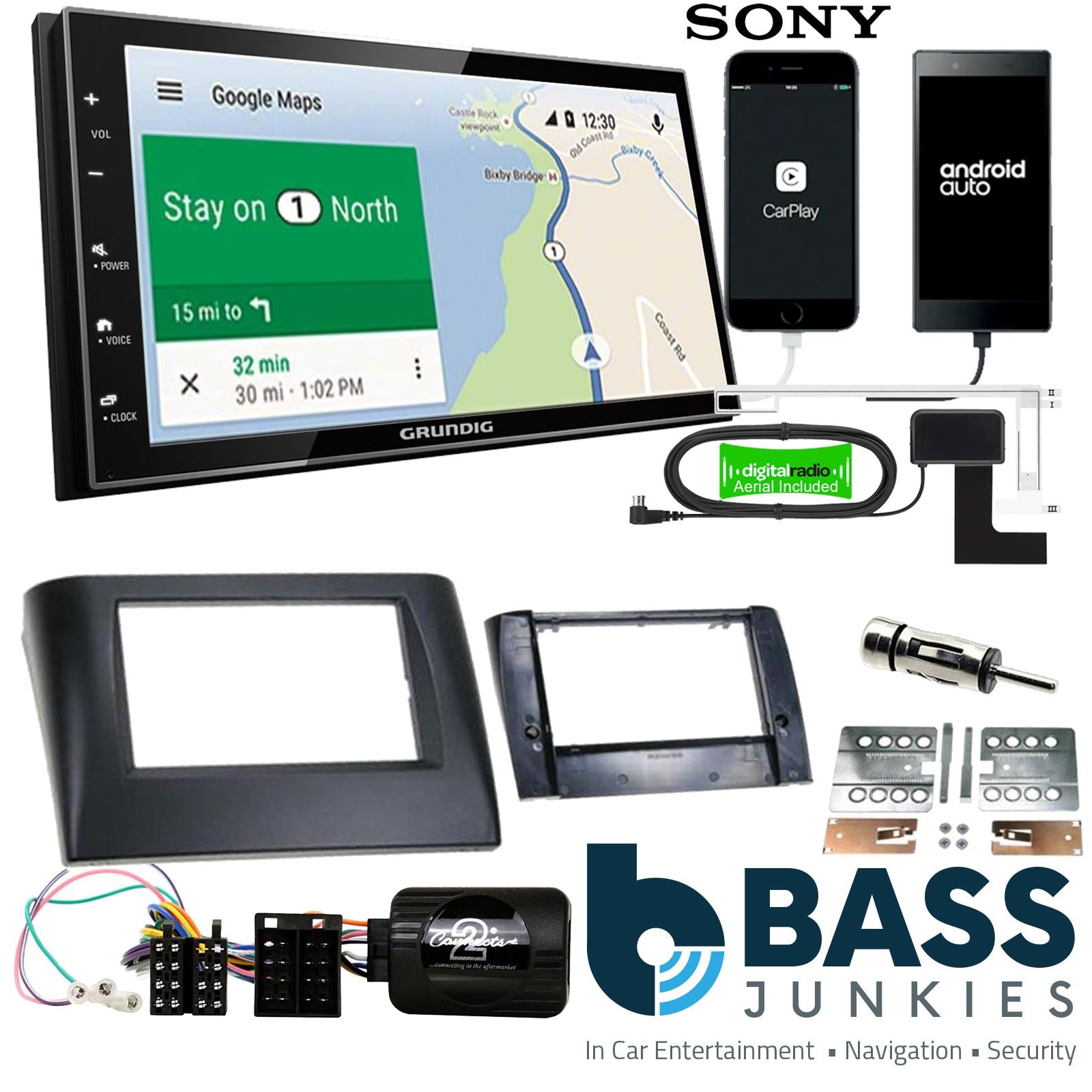 Grundig 6.8" Apple Android Double Din Stereo Fitting Kit + Steering Wheel Stalk Controls to fit Fiat Stilo 2001-08