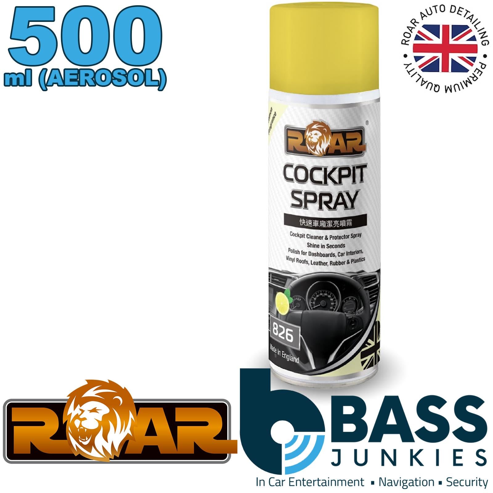 ROAR 826 Cockpit Dash Cleaner & Protector 500ml Aerosol Spray for showroom Shine in seconds Polish for Dashboards, Car interiors, Vinyl Roofs, Leather, Rubber, Plastics and Grilles Lemon fragrance
