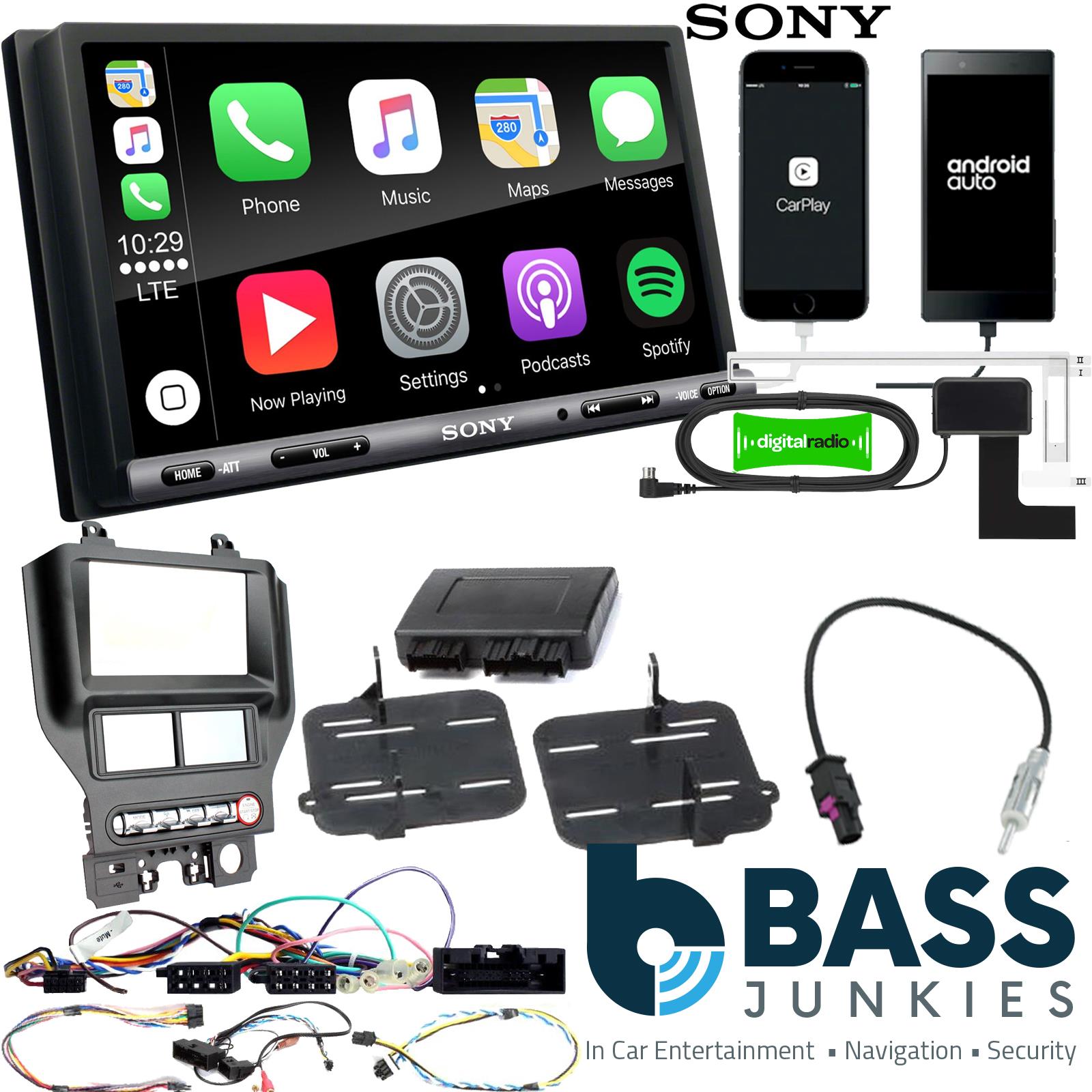 SONY DAB+ Apple | Android Double Din Stereo Fitting Kit + Steering Wheel Stalk Controls to fit Ford Mustang 2015-21