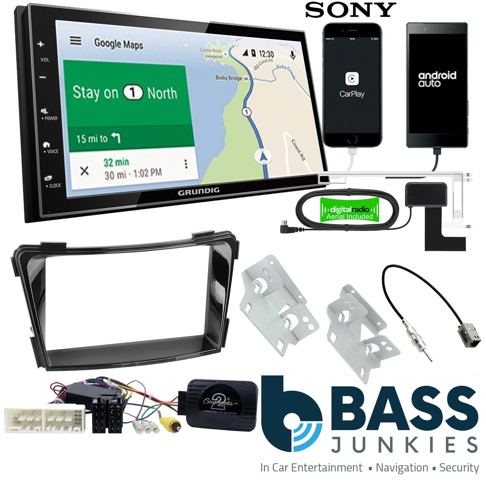 Grundig 6.8" Apple Android Double Din Stereo Fitting Kit + Steering Wheel Stalk Controls to fit Hyundai i40 2016-