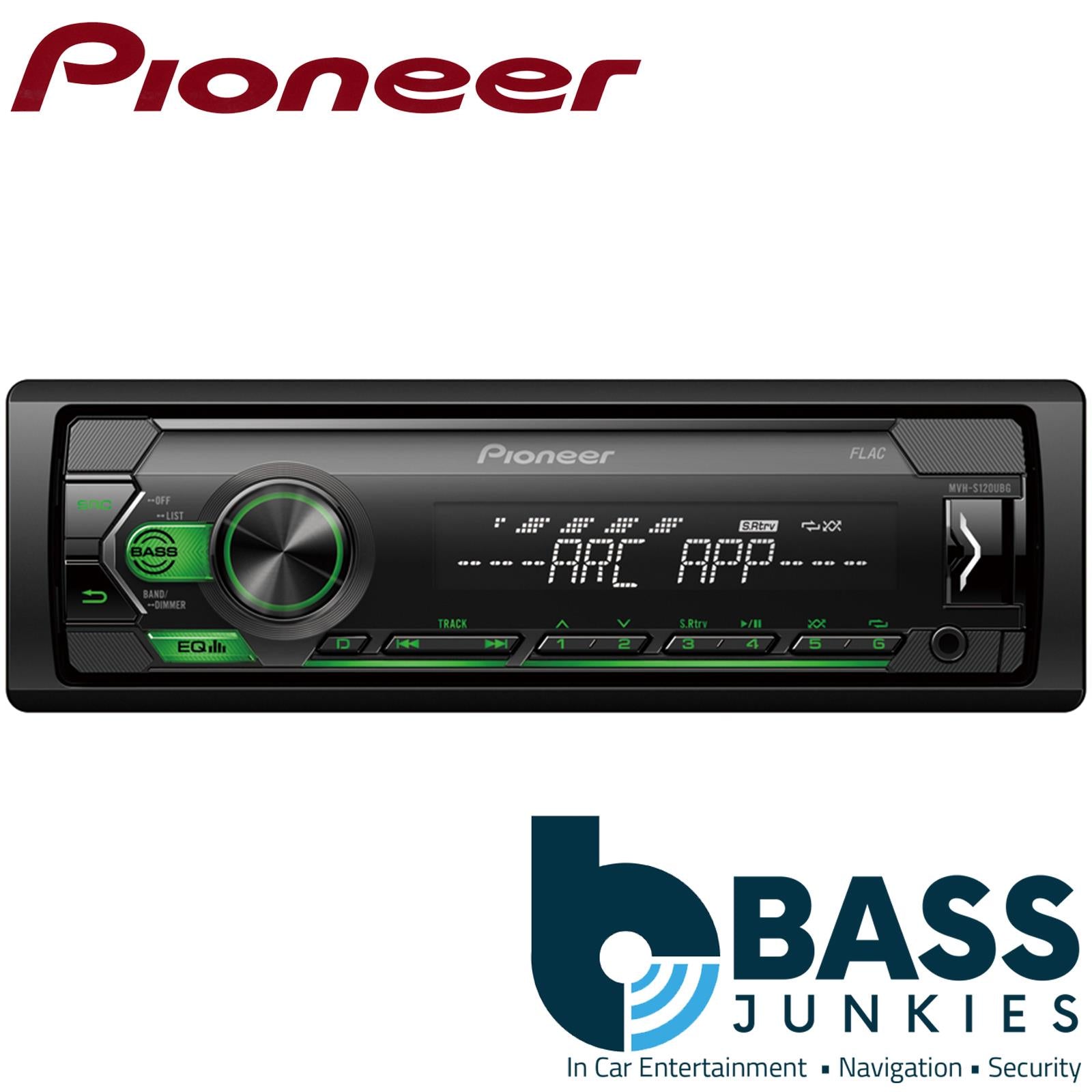 Pioneer MVH-S120UBG Car Stereo Mechless Radio | Radio | Compatable with Android | Front USB | Auxillary input | RCA Preout | 4 x 50 Watts  | 5 band EQ | SWRC | Green Illumination with white display