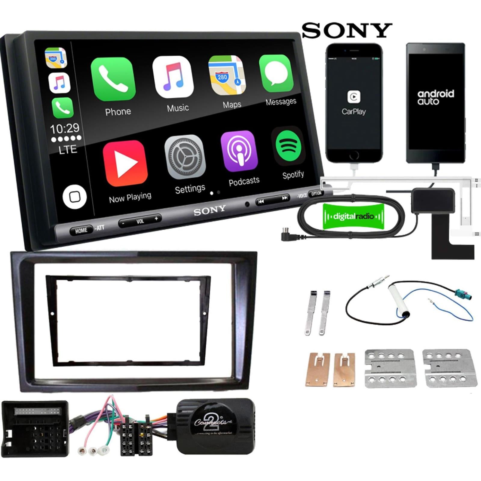 SONY DAB+ Apple | Android Double Din Stereo Fitting Kit + Steering Wheel Stalk Controls to fit Vauxhall Antara 2006-10 | Vauxhall Corsa 2006-09 | Vauxhall Zafira 2005-14 | Vauxhall Astra 2004-10