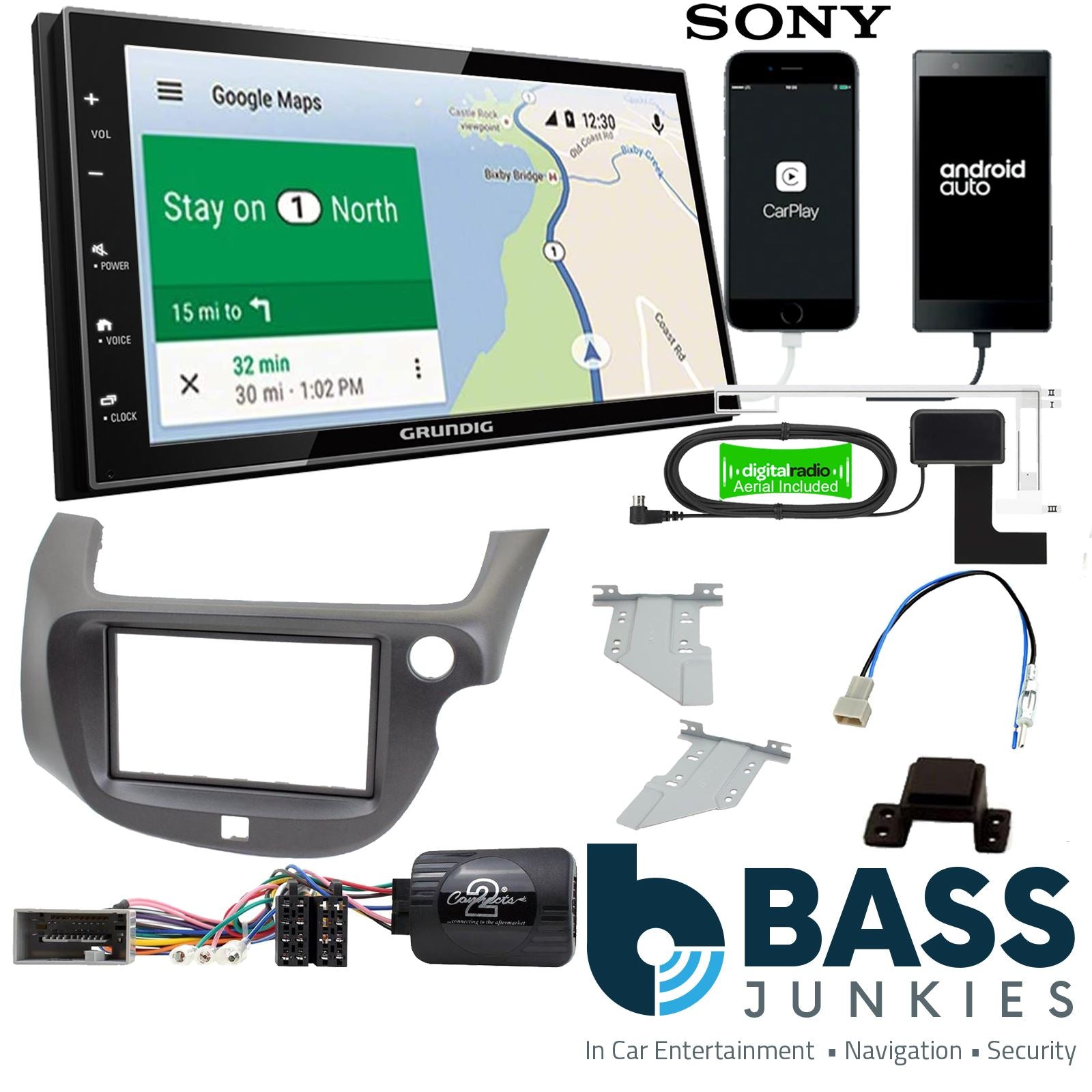Grundig 6.8" Apple Android Double Din Stereo Fitting Kit + Steering Wheel Stalk Controls to fit Honda Jazz 2008-14
