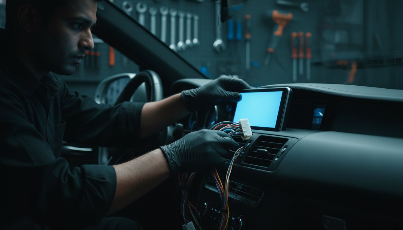 Automotive electronics installer working carefully with wiring inside a vehicle