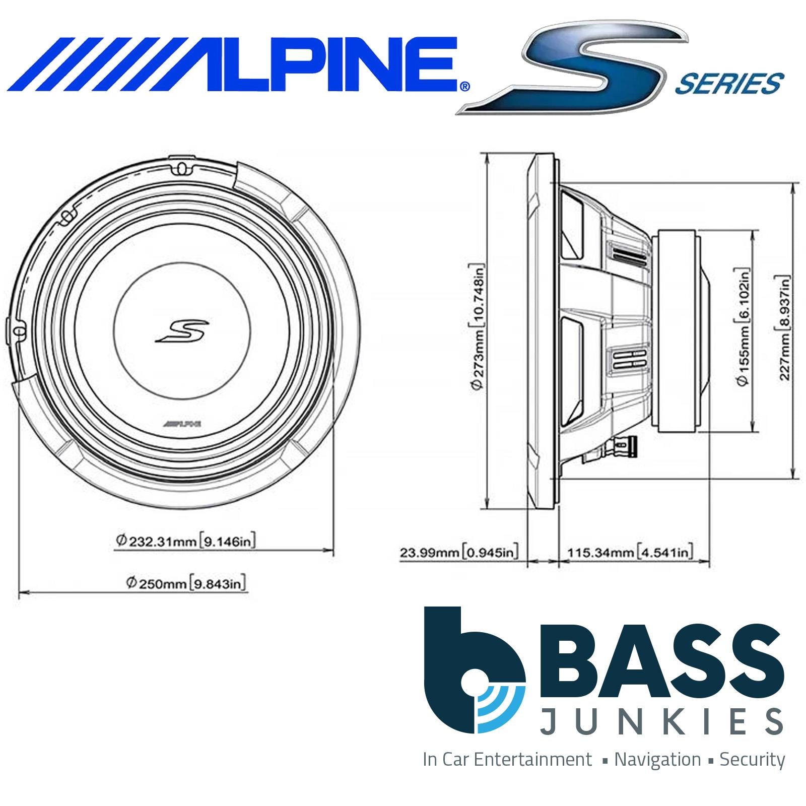 Alpine S2-W10D4 - 10” 25cm 1800 Watts Dual 4 Ohm Car Subwoofer Bass Sub Driver