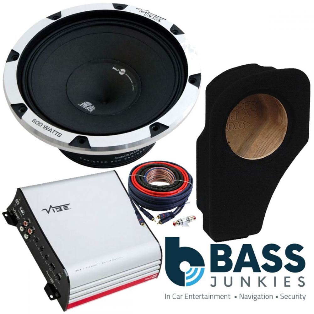 Audi A3 8P 2003-2013 Vibe Black Death 8" 600 Watts Car Subwoofer Custom Bass Box Kit & VIBE POWERBOX-60.2-V7 Class A/B 2-Channel 320 Watts 2 Ohm Car Amplifier