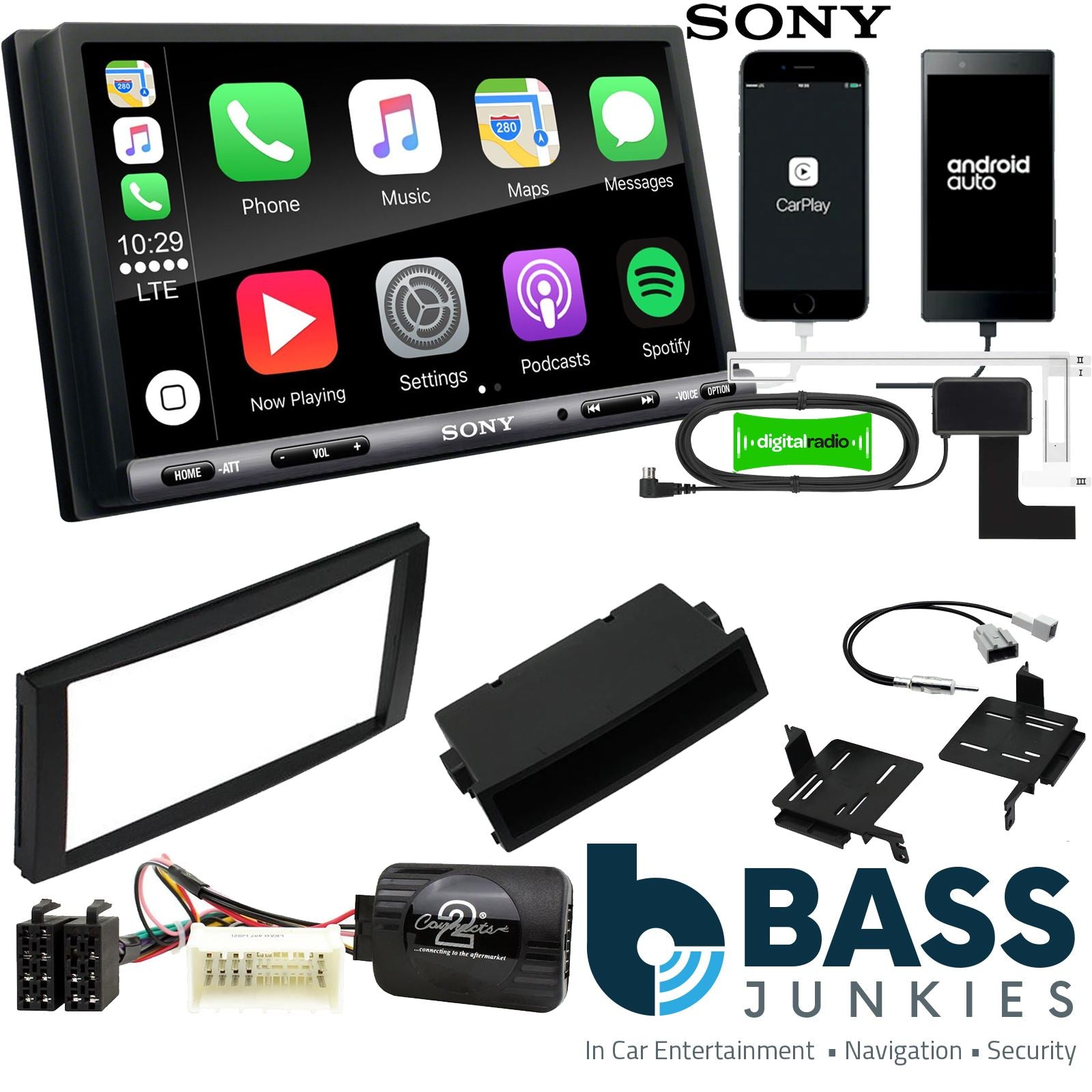 SONY DAB+ Apple | Android Double Din Stereo Fitting Kit + Steering Wheel Stalk Controls to fit Hyundai Santa-Fe 2007-10