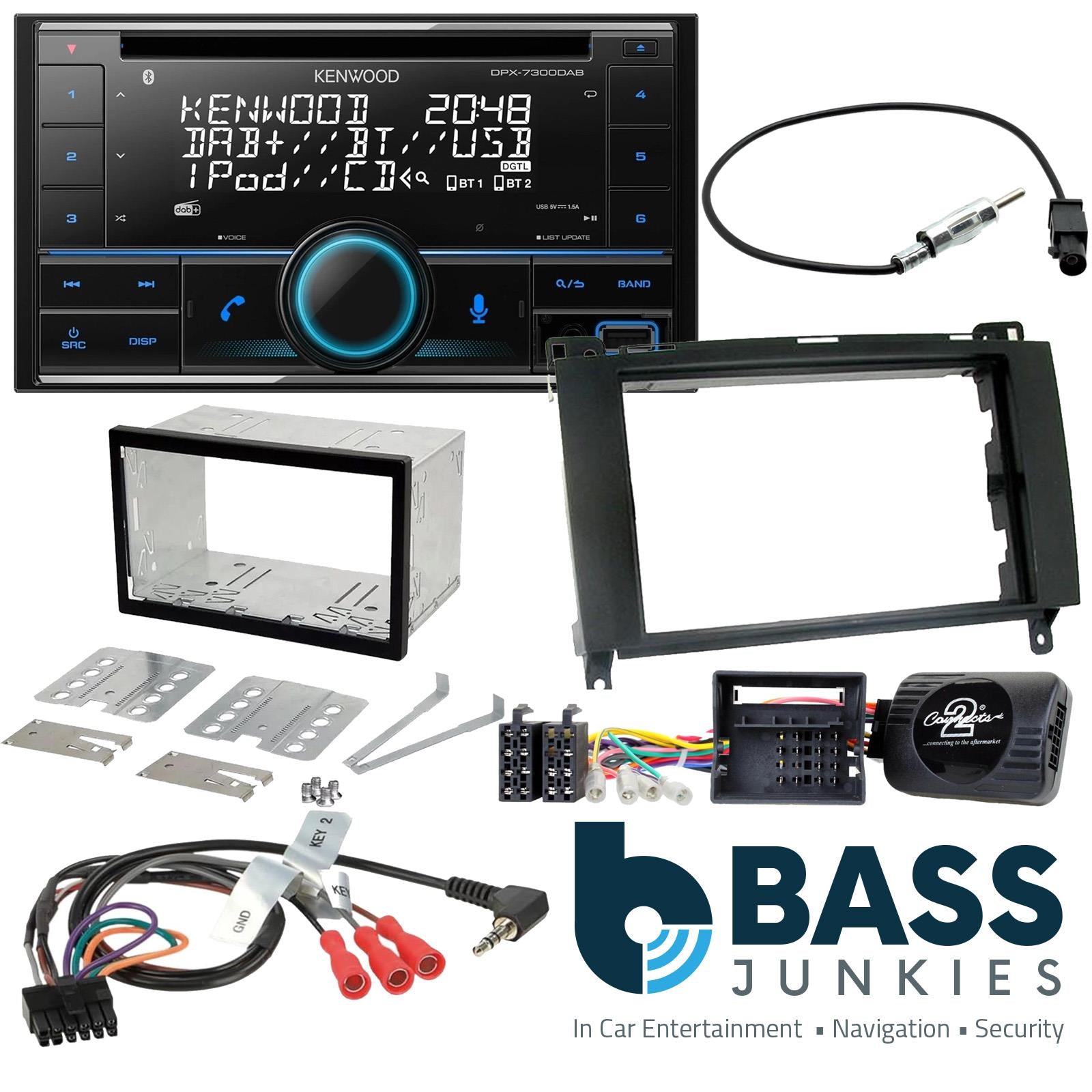 Kenwood DPX-7300DAB - Double Din Bluetooth USB CD DAB Radio Stereo & Double Din Fascia & Steering Wheel Kit for Mercedes CLK 2004-2009