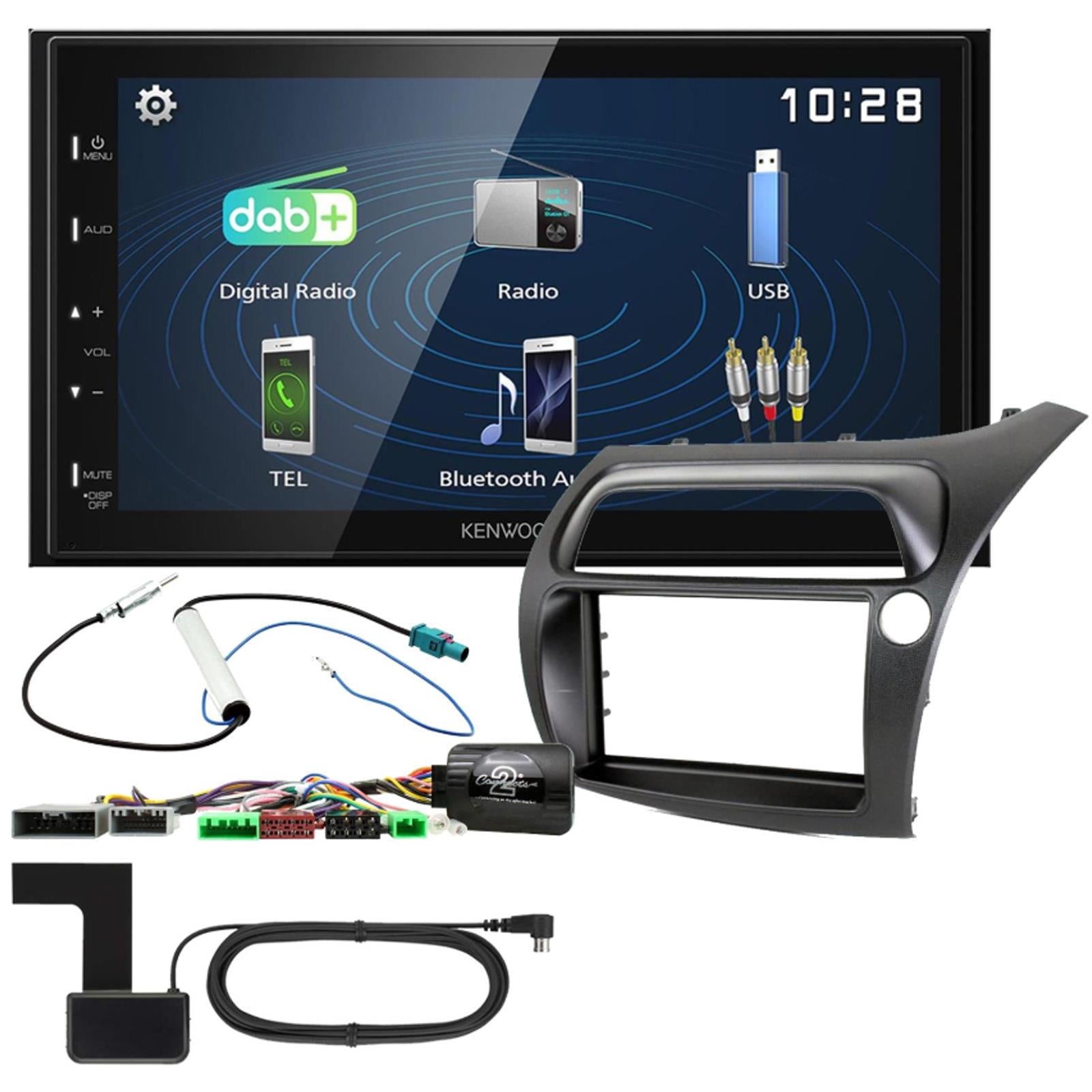 Connects2 CTKHD01 - Honda Civic 2006 - 2011 FN1 FN2 TYPE R Models Double Din Fascia Panel & Steering Wheel Interface with Kenwood 6.8" USB DAB Android Mirroring Touchscreen Upgrade Kit