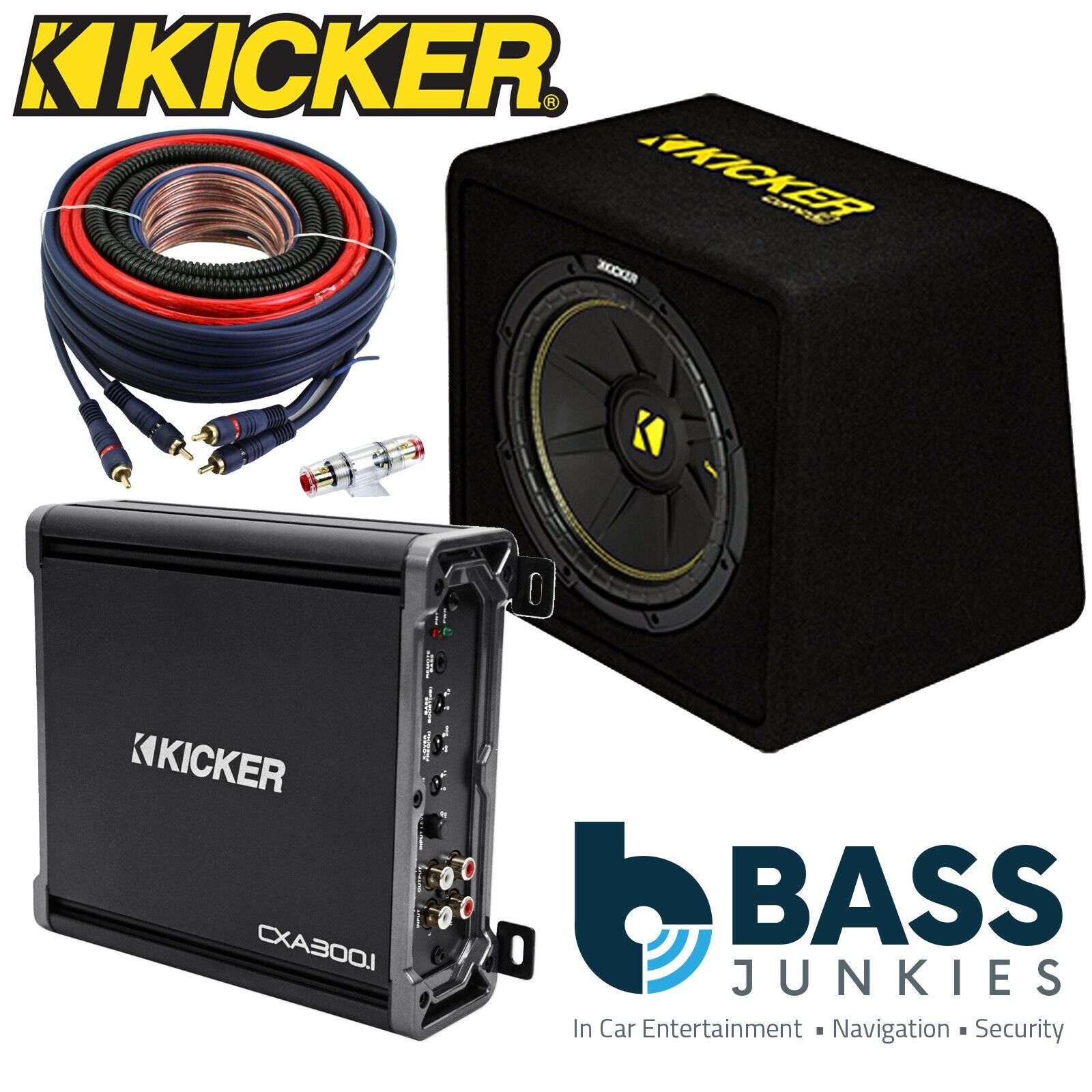 Kicker 44VCWC124 - CompC 12" 600 Watts 4 Ohm Ported Car Subwoofer Enclosure & Kicker CXA300.1 300 Watts Monoblock Class D Car Amplifier