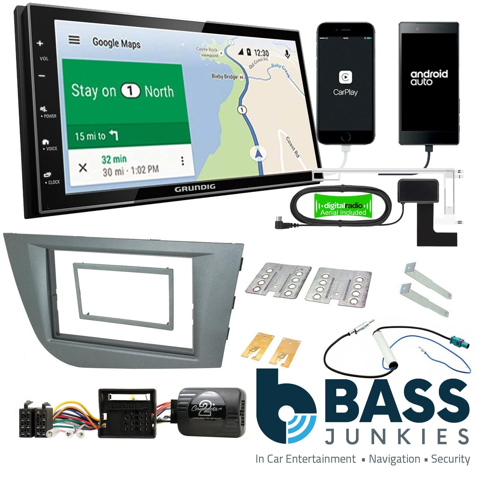 Grundig 6.8" Apple Android Double Din Stereo Fitting Kit + Steering Wheel Stalk Controls to fit Seat Leon 2005-12