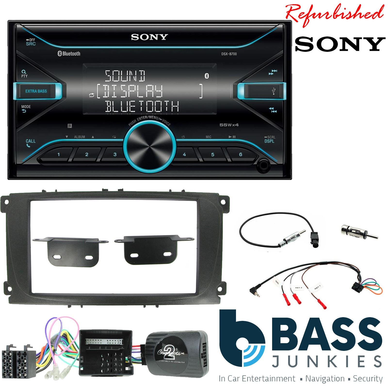 Sony DSX-B700 Bluetooth MP3 USB AUX 4 x 55W Double Din Car Stereo Radio Player + Connects2 Double Din Black Fascia + Steering Wheel Controls fits Ford S-Max 2006-14|Focus 2007-11|Mondeo 2007-14