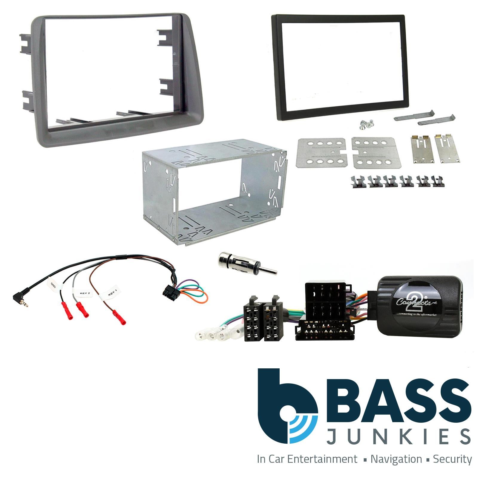 Double Din Stereo Fitting Kit + Steering Wheel Stalk Controls to fit Fiat Panda 2003-12