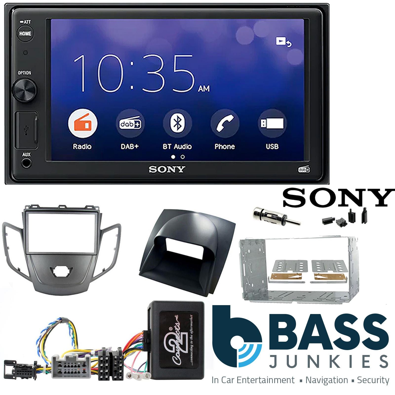 SONY XAV-1550D DAB+ Smart Bluetooth Car Radio + Stereo fitting kit + Steering Wheel Controls Loom for Ford Fiesta 2008-2010